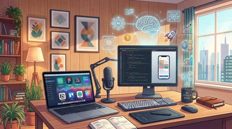 “Freelancer’s cozy home office with laptop showing AI tools, code editor on monitor, podcast microphone, and glowing AI brain icons representing the best free AI tools for freelancers”